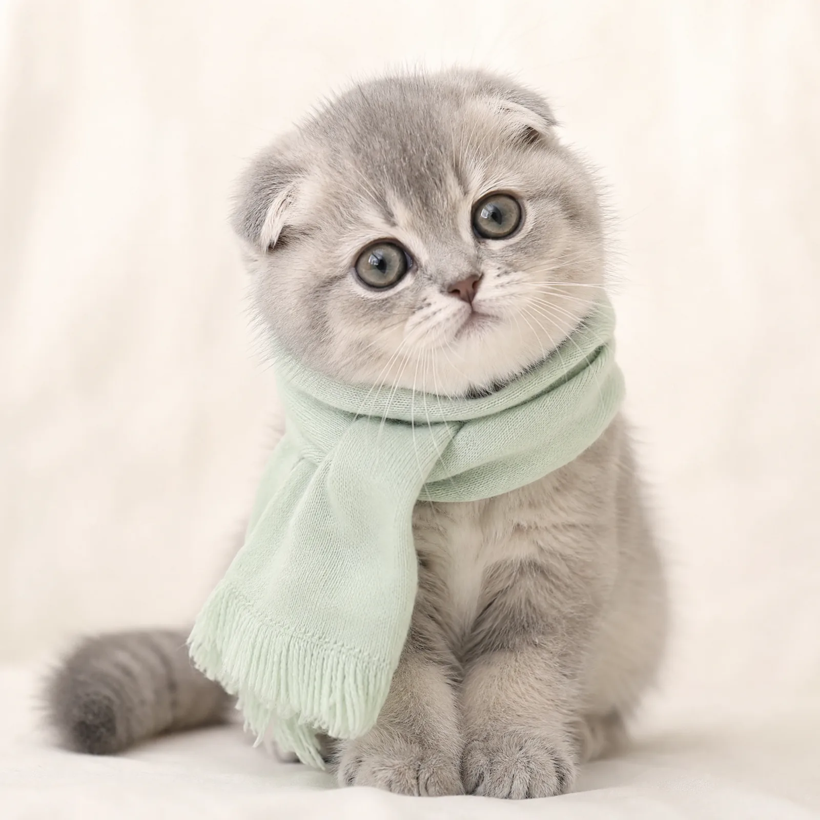 围着薄荷绿围巾的折耳猫定妆照