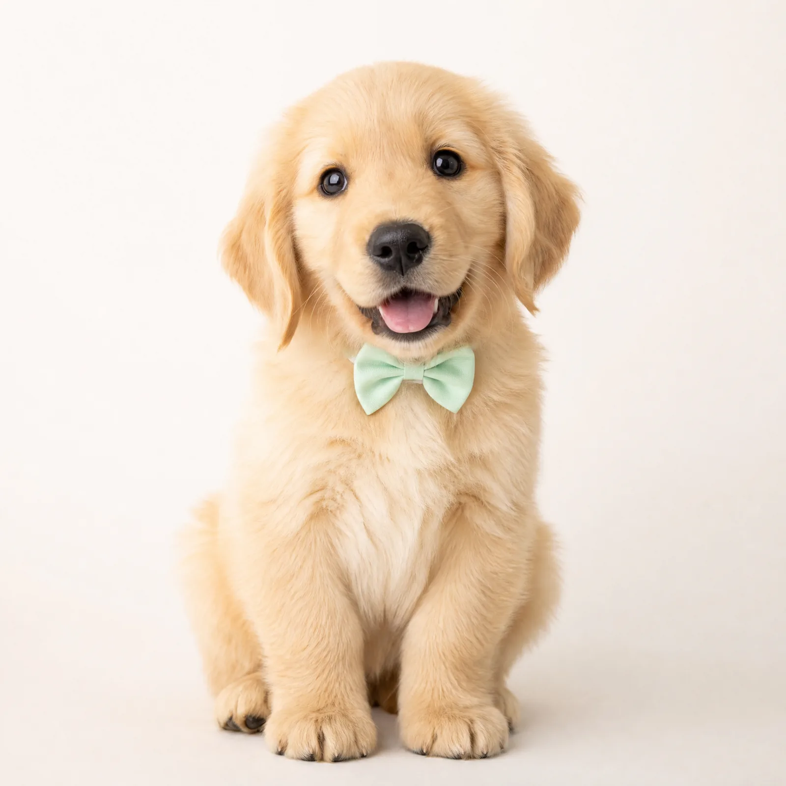 佩戴薄荷绿领结的金毛幼犬定妆照