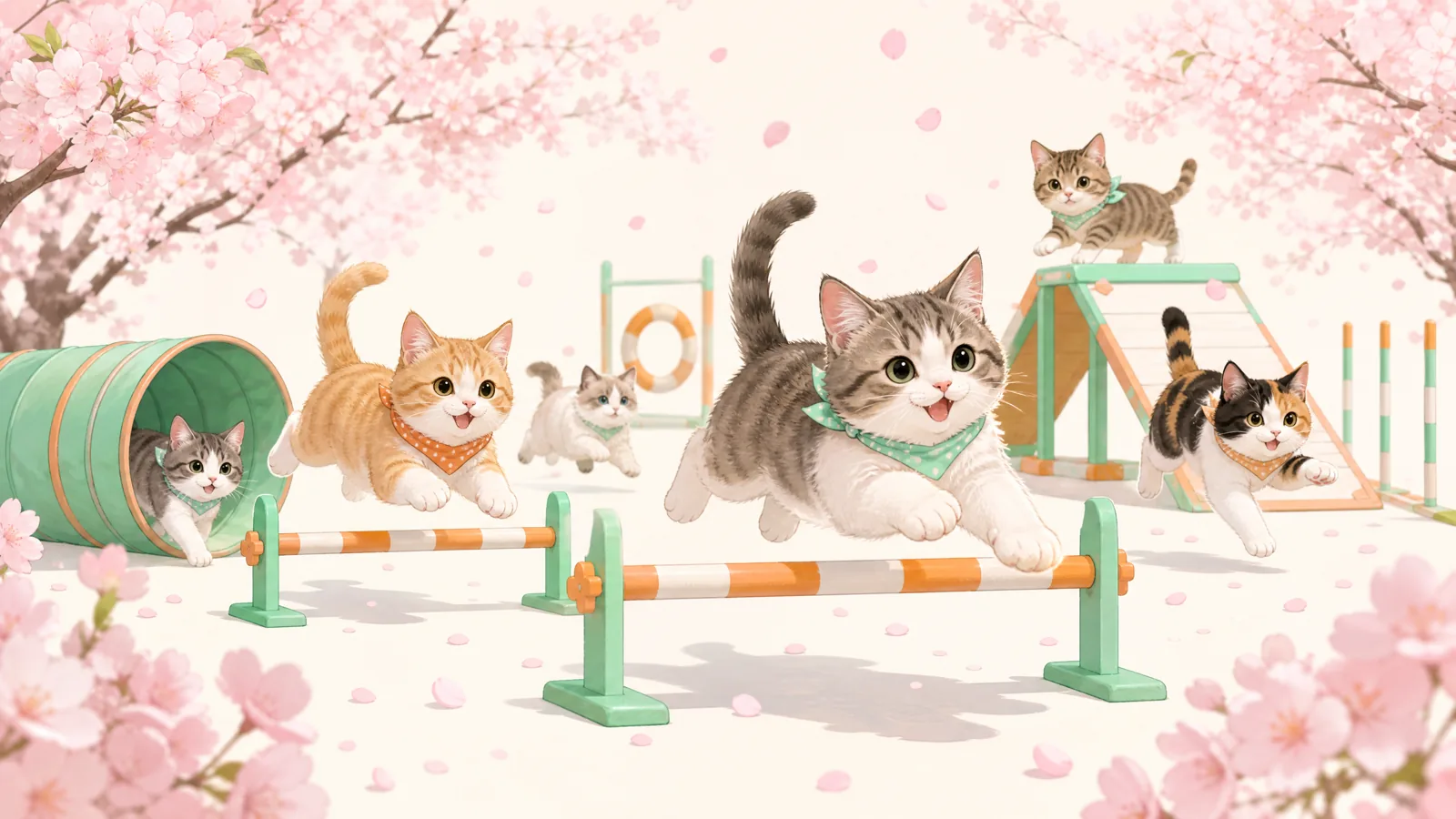 猫咪在樱花间跨越障碍的喵星人敏捷锦标赛春季赛专题封面